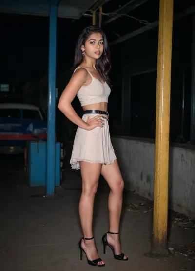 Young indian girl, in a old indian bus stop, night time, cute face, no makeup, wearing belt, heels, posing like a dancer, highly detailed, high resolution, best quality, raw, lighting, overexposed, harsh, flash, <lora:Rawfully Stylish v0.2_epoch_20:.8>, <lora:SDXLHighDetail_v6-000005:.8>