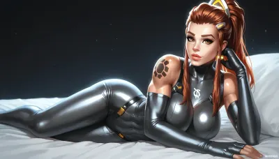 brigitte from Overwatch, solo, a very very very long thick braid, red hair, full lips, thick lips, huge chest circumference, dark olive skin, tight micro Starfleet Officer metallic high-necked long-sleeved high-rise bodysuit, sexy pose on the bed, black background