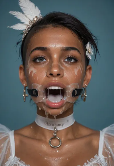(portrait of a brown skinned Indian woman:1.1), (her mouth is wide open, wearing a mouth spreader ring gag, gaping throat:1.3), (haute couture small white feathery head accessory for derby:1.4), (sleek straight cut hair:1.2), (shoulder hair), (black hair), (straight hooked nose:1.3), plucked eyebrows, dark complexion, smile, (transparent liquid, wet face:1.3), (cum on her face, bukakke:1.3), white summer dress, cleavage, dark blue background, short sleeves, puffer sleeves, (flower print on dress), millinery, fascinator