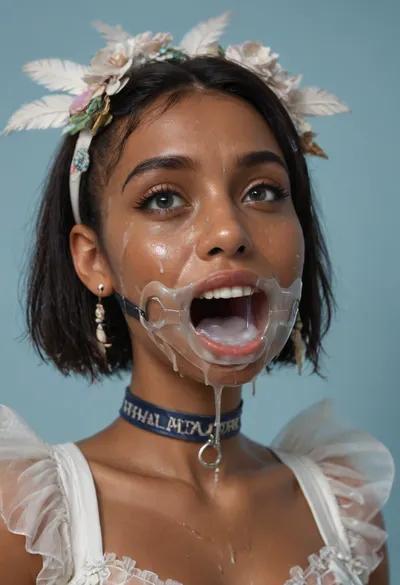 (portrait of a brown skinned Indian woman:1.1), (her mouth is wide open, wearing a mouth spreader ring gag, gaping throat:1.3), (haute couture small white feathery head accessory for derby:1.4), (sleek straight cut hair:1.2), (shoulder hair), (black hair), (straight hooked nose:1.3), plucked eyebrows, dark complexion, smile, (transparent liquid, wet face:1.3), (cum on her face, bukakke:1.3), white summer dress, cleavage, dark blue background, short sleeves, puffer sleeves, (flower print on dress), millinery, fascinator
