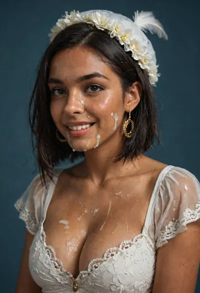 (brown skinned Indian woman:1.3), (sleek straight cut hair:1.2), (shoulder hair), (black hair), hooked nose, plucked eyebrows, dark complexion, smile, (transparent liquid, wet face:1.2), (cum on her face, bukakke:1.3), white summer dress, cleavage, dark blue background, short sleeves, puffer sleeves, (flower print on dress:.8), (haute couture feather hat:1.1), millinery, fascinator