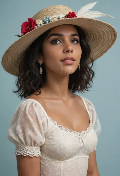 (brown skinned Indian woman:1.3), (wearing a mouth spreader, gaping throat:1.5), (sleek straight cut hair:1.2), (shoulder hair), (black hair), hooked nose, plucked eyebrows, dark complexion, smile, (transparent liquid, wet face:1.2), (cum on her face, bukakke:1.3), white summer dress, cleavage, dark blue background, short sleeves, puffer sleeves, (flower print on dress:.8), (haute couture feather hat:1.1), millinery, fascinator