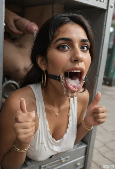 (Indian woman with straight cut hair and pointy nose:1.8), (sleek straight hair:1.5), (narrow face:1.1), (black hair:1.4), (bent nose:1.5), (makeup:.8), (artificial bitch:1.1), (plucked eyebrows:1.1), (Indian woman is stuck with her hips in a round hole with metal rim in an arcade machine on a busy street, wearing a mouth spreader), (she shows thumbs up:1.5), (brown eyes), (brown skin), (stuck in round hole with metal rim:1.1), (wide metal box), (arms restrained in contraption:1.6), (wide angle, full machine in picture:1.1), (bustling street, passersby:1.3), (wide smile, obsessive:1.3), (her arms are fixated in machine:1.5), (score_9, score_8_up, score_7_up, UHD 8K, masterpiece, best quality, maximum details:1.2), natural light, extreme realism, cinematic still, (very happy:1.3), (wide mouth spreader ring gag, gaping mouth:1.5), (her hands are protruding from holes:1.3), (stuck in hole with metal rim), (leaning forward), (huge penis), (she stares at erect penis in front of her face:1.3), (cum on her face, bukkake:1.3)