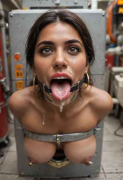 (Indian woman:1.8), (Indian woman is stuck with her hips in a round hole with metal rim in an arcade machine on a busy street, wearing a mouth spreader), (she shows thumbs up:1.3), (natural brown eyes), (brown skin), (stuck in round hole with metal rim:1.1), (wide metal box), (arms restrained in contraption:1.6), (wide angle, full machine in picture:1.1), (bustling street, passersby:1.3), (wide smile, obsessive:1.5), (her arms are fixated in machine:1.5), (score_9, score_8_up, score_7_up, UHD 8K, masterpiece, best quality, maximum details:1.2), natural light, extreme realism, cinematic still, (very happy:1.3), (wide mouth spreader ring gag, gaping mouth:1.5), (her hands are protruding from holes:1.3), (stuck in hole with metal rim), (leaning forward), (huge penis), (she stares at erect penis in front of her face:1.3), (cum on her face, bukkake:1.3), (shocking pink lipstick:1.3), (bimbo lips:1.2), (botox:1.2)