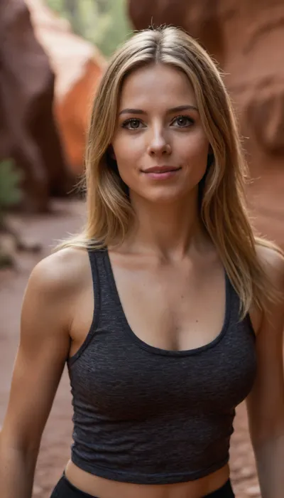 ziprealism, (intimate snapshot esthetic, dappled lighting, dynamic shadows, contrasting shadowplay), (tight tank top, 30yo woman:1.6), (hiking in red rock slot canyon, peaceful stream, sheer red rock cliffs), (gorgeous woman), (f/2.8, shallow depth of field, focus on eyes, medium closeup, layered composition, subtle foreground), (soft bokeh, subtle bokeh:1.4), (ash-blonde hair, long hair, straight hair), (large expressive eyes, mischievous expression, soft warm smile), (teardrop breasts, large natural breasts, athletic body)