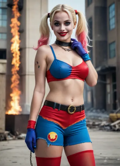 (Harley Quinn), ((topless)), 20th century vintage photo 70s of a 34 years old gorgeous blonde Harley Quinn, ((Harley Quinn)), ((colorfull make up)), (photorealistic), topless, full natural breasts, DD cup breasts, beautiful natural breasts on display, color photo in the 70s style, grainy photo, full body view, smiling, wearing Harley Quinn's short shorts and belt, Harley Quinn's slave collar, sexy legs, (wearing torn stockings), urban scenery, burning Police Station in The Background, satisfied and happy look in her beautiful blue eyes, two long fluffy colorfull ponytails, burning building and fire in the background