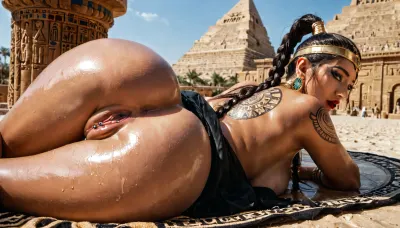 Egyptian elf girl, transparent pharaoh dress topless, egyptian cap, pussy sex, girl lying on her side with her ass up, open pussy, ponytail braid, piercing pussy, squirt, fit body, oiled body, shiny skin, sacred geometry tattoos, red lips, full lips, clitoris piercing, neon sacred geometry tattoos, fucking in a oasis, pyramids in the background, painful face, fucked face, fake small perfect boobs, detailed eyes, sharp facial features, cinematic lighting, everything in focus, ultra realistic, photorealistic, 8k, DSLR photo, high detail, studio quality, soft shadows, perfect anatomy, high definition, natural skin texture, visible pores, crisp details, spread, ass, <lora:SpreadAssSDXL_v04:.5>