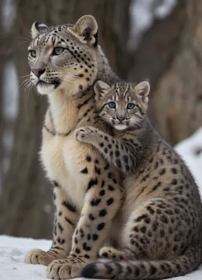 (snow leopard kitten sits on top on the back of a large female mother), playful look of a small snow leopard, which, ((put his paws around the neck of the female)), beautiful nature, accurate drawing.