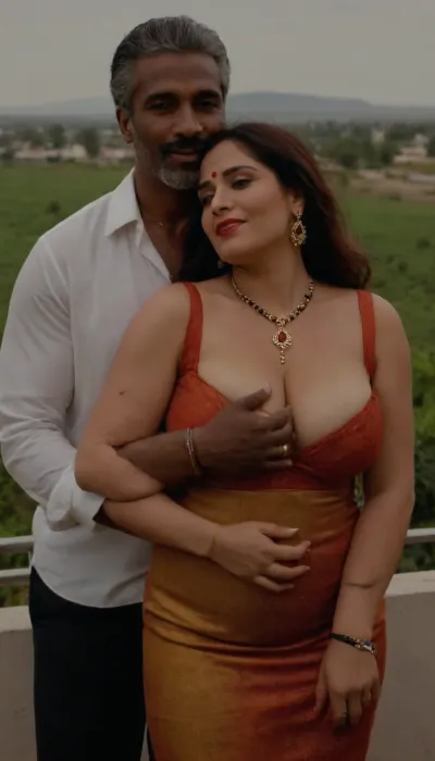 ((38 year old Indian mature aunty bbw woman, bindi, sindoor, mangalsutra necklace, long voluminous layered puffed stylish very long hairs over one shoulder), huge boobs, milf, chubby fat), ((with a afroamerican 55 yo built muscular best hairstyle 1man), hugging romantic with her), daytime hill station cold dew greenery grass balcony, (colorful safron deep v neck sleeveless tube mini dress), full jewellery nacklace, seducing naughty smirk, long earrings, full makeup, high heels, mascara, big lips, red lipstick, eye liner, view from top, full length size picture, facing the viewers, whisper in ears, seducing flirting stylish pose, Fashionable, short sleeves, ((with a afroamerican best hairstyle 55 yo built muscular 1man hugging romantic with her)), very romantic cuddling squeezing hands, with afroamerican man 55 yo dancing, <lora:EnvyBeautyXL06:.8>, Beauty, woman, girl, romantic, <lora:Beauty Girl SDXL:.8>