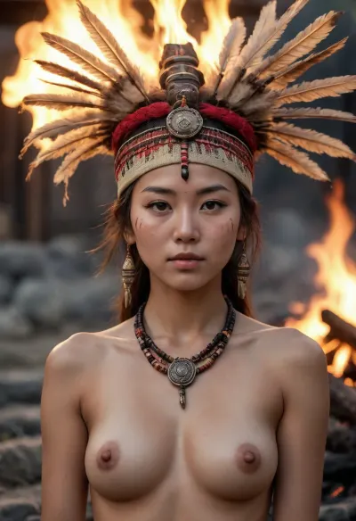 High quality image, photorealistic, super detailed, masterpiece, 8K, sunset, skinny, young native japanese woman, shaman, traditional japqnese trinak headwear, near a fire, nipple slip, front view, super quality
