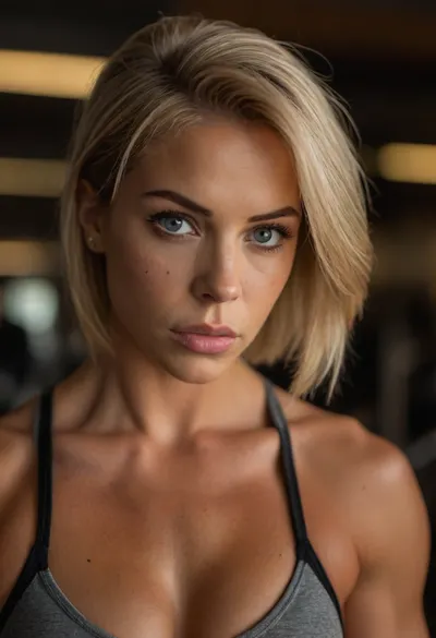 ziprealism, (inspirational snapshot esthetic, inspirational poster), (athletic woman, bodybuilder, determined expression, muscular shoulders, sports bra:1.2), (f/2.8, shallow depth of field, layered composition, medium closeup shot, Dutch Angles, focus on eyes:1.6), (creamy bokeh), (ash-blonde hair, thick voluminous hair, short cut hair, plunging bob cut, swept-back hairstyle:1.4), (catchlights, limbal rings, large expressive eyes, stunning eyes, perfect eyes, long delicate eyelashes), (strong jawline, angular features, large teardrop breasts), igbaddie, <lora:igbaddie-XL:.4>, <lora:style_lora_realis:.8>
