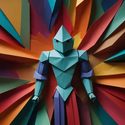 Origami style
robot.
Paper art, pleated paper, folded, origami art, pleats, cut and fold, centered composition.