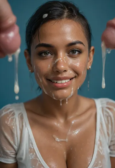 (brown skinned Indian woman:1.3), (arrogant and mea), (sleek straight cut hair:1.2), (shoulder hair), (black hair), hooked nose, plucked eyebrows, dark complexion, smile, (transparent liquid, wet face:1.2), (cum on her face, bukakke:1.3), white summer dress, cleavage, dark blue background, short sleeves, puffer sleeves, (flower print on dress:.8), (haute couture feather head accessory:1.1), millinery, fascinator