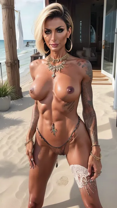 Naked amazing beautiful mature woman 60 years old, entire body head to toe, (wooden motor yacht), (high end seaside luxury), tattoo at legs and feet, blackwork tattoo, high cheek bones, european, ((very dark tanned)), opulence, luxury, muscular, ((very tall)), ((super pixie haircut)), dark blonde, green eyes, wrinkles at eyes, hip chain, (flat sandals), realistic, sharp focus, 8k high definition, insanely detailed, intricate, spread legs, penetration, (dripping wet pussy), ((strong tanlines)), ((hip chain)), anklet, green nails, pubic hair, (toe rings), high arches, tight calves, ((long toes)), outdoor, deck, hamptons, Martha’s Vineyard, ((((feet jewelry))), (((footsiebabe))), shredded, woman, style), shredded, woman, style, glam, fantasy, dark, skin, uberfit, athletic, reduce noice, sights, tanlines, sunburn, DarTataBodG, <lora:weight_slider_v2:-1>, <lora:age_slider_v20:1>, <lora:epi_noiseoffset2:1>, <lora:pailide3-000005:.5>, <lora:DarTataBodG-XL_V2:.4>