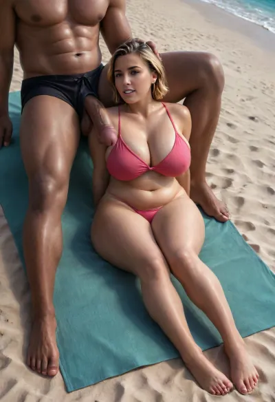 detailed photo, high quality, high resolution, Full-length photo, (an interracial couple, a black man sitting next to a woman), sunbathing on the beach, lying on a mat, beach mat, man lying on his stomach, ((A huge black guy is sitting on his knees, a healthy black guy showing a woman his huge black cock, big cock, erect cock:1.3)), a beautiful woman lies on her back, a woman lies face up, young milf, mature woman, married woman, blonde, straight hair, short hair, golden hair, detailed face, passionate face, excited face, arrogant face, high-quality eyes, beautiful brown eyes, a woman has a small nose, cheeks, plump cheeks, plump lips, white teeth, The woman is shoked, the woman is screaming, ((woman looked at man's cock)), a woman has large saggy breasts, hanging tits, large breasts, small tummy, tummy, medium-sized ass, round ass, plump legs, thick legs, a woman is slightly tanned, tanned skin, tanned face, woman wearing pink swimsuit, dark pink open swimsuit, dark pink underpants, dark pink bra, man, sitting, man sitting near the woman, (black young man looking at woman, a huge man sitting near the woman), the huge black man is sitting on his knees, the man is sitting near the woman, big black guy, (muscular guy:1.2), huge guy, tall guy, strong arms, fit black hooligan, guy in black swim trunks, bare torso, ((The man's trunks are pulled down to the knees)), crowded beach, (a huge black guy is sitting next to woman), a black guy in short swim trunks, green, eyes, blue, brown, perfecteyes, african, israeli, english, arabic, chain, piercing, earring, blackandwhite, color, profile, jacket, shorts, tank, <lora:PerfectEyesXL:.9>, <lora:338632_training_data:1.2>, <lora:Dramatic_penis_SDXL:1.1>