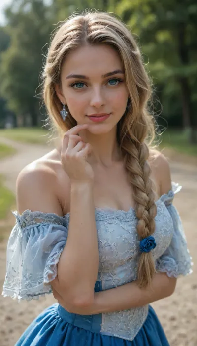 masterpiece, ultra-HD, cinematic lighting, usnr, photorealistic, impressionism, (1.5), high detail, depth of field, (blurred background), (dramatic lighting), best quality, very aesthetic, 8k, realistic, woman, rpnzlrnd, deep blue eyes, realistic eyes, blonde hair, looking at viewer, very long hair, braid, bangs, hair over shoulder, medieval, blurry background, bright colors, stunningly artwork, (blurry background, depth of field:1.1), ((frost-blue gala dress)), refined yet undeniably sensual, flirting pose, focus on thights, cowboy shot, flirting gaze, small smile, sumptuous gothic ballroom, cinematic 35 mm lens, shallow depth-of-field