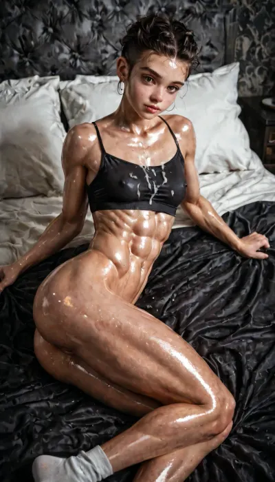 18 year old girl, Pale skin, (young:1.4), Little beautiful ass, Muscular thighs, muscular abs, (Shiny skin:1.5), muscular, skinny, small breasts, (Shiny skin), perfect young face, dirty Black hair, Pixie Long Hairstyle, bright brown eyes, perfect toned body, shiny sweaty skin, a cup breasts, small perky breasts, pierced nipples, perfect pussy, perfect muscular ass, tight grey spaghetti strap crop top, tight Black pajama pants, white socks, cum on stomach, cum on chest, laying on side in bed, dimly lit room