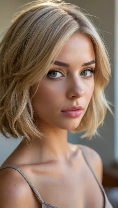 ziprealism, (romantic snapshot esthetic, fitness model, adorable girlfriend, intense eye contact), (f/2.8, shallow depth of field, layered composition, subtle foreground, Dutch Angles, medium full shot, focus on eyes:1.4), (soft bokeh:.4), (ash-blonde hair, thick voluminous hair, stylish french bob-cut hair, hair cut in textured layers, (sexy swept-back hairstyle), , :1.6), (catchlights, limbal rings, large expressive eyes), (strong jawline, angular features), (large teardrop breasts, large natural breasts, soft breasts, pale breasts, tan lines:1.2), (cozy bedroom scene, large windows streaming wam sunlight), igbaddie, <lora:igbaddie-XL:.8>, <lora:style_lora_realis:.4>