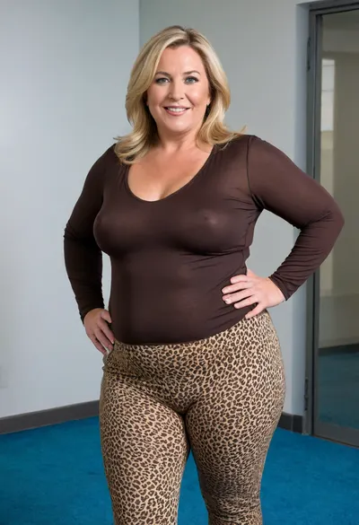 photography of a mature woman, named Lubica, (50 yo, pear shaped body type, obese, chubby, milf), arriving at work, (small open space, blue carpet, white wall, wondow with a view on nature), . She has fair skin, straight, blonde hair that falls past her shoulders, (brown strands), and bright blue eyes. Her expression is warm and friendly, with a broad smile revealing her teeth. She is dressed in a black long-sleeved blouse made of a smooth, slightly shiny fabric, (braless, hard nipples, medium sized breasts), fupa, . The black blouse has a slightly raised collar and is buttoned up to the neck, giving it a neat and professional appearance, wearing a leopard legging that covers her legs. clothes, braless, Wearing, that, make, sense, with, Braless>, <lora:bralessSDXL_v1_00022:.5>