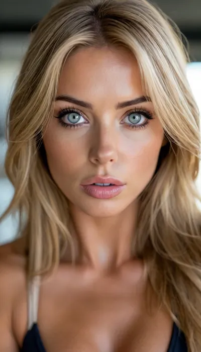 ziprealism, (statuesque, extreme low angle, looming pose, linear perspective), (fitness model, intense eye contact:1.4), (f/2.8, shallow depth of field, layered composition:1.6), (soft bokeh:.4), (ash-blonde hair, thick voluminous hair, long flowing hair, bangs haircut:1.4), (catchlights, limbal rings, large expressive eyes), (strong jawline, angular features), igbaddie, <lora:igbaddie-XL:.8>, <lora:style_lora_realis:.4>