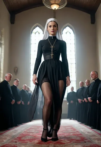wide hipped, hour glass shap, nun lifting up her long dress showing her black nylons and black panties and garter belt to priests.