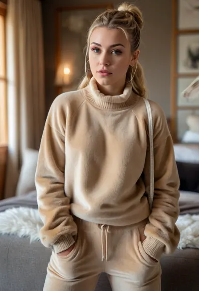 1 swiss 30yo woman, rapper, film charakter Valmira, (she wears a cashmere sweater, beige velvet sweatpants with leg stripes and a open fur jacket:1.4), indoors in a hotel room, (longest dyed blonde cornrows look hair:1.2), grey eyes, pointed nose and chin, rings on the fingers, medium natural tits, <lora:681678_training_data:.5>, <lora:SDXLHighDetail_v6-000005:.5>, <lora:style_lora_realis:.5>