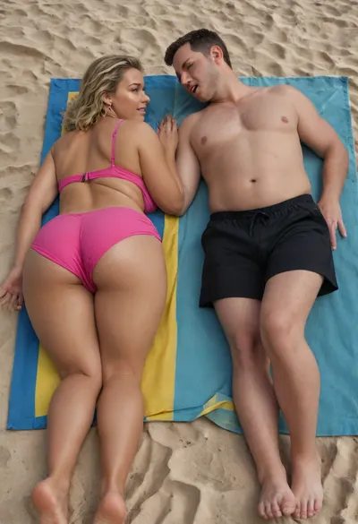 detailed photo, high quality, high resolution, Full-length photo, ((heterosexual couple:1.5), a man and a woman lie next to each other), sunbathing on the beach, lying on a mat, beach mat, two people lying on a mat, man lying on his stomach, man lying with his back up, a beautiful woman lies on her back, (a woman lies face up), young milf, mature woman, married woman, blonde, straight hair, straight hair, short hair, golden hair, straight hair, detailed face, passionate face, excited face, arrogant face, high-quality eyes, beautiful brown eyes, a woman has a small nose, cheeks, plump cheeks, plump lips, white teeth, The woman is shoked, the woman is screaming, a woman has large saggy breasts, hanging tits, large breasts, small tummy, tummy, medium-sized ass, round ass, plump legs, thick legs, a woman is slightly tanned, tanned skin, tanned face, woman wearing pink swimsuit, dark pink open swimsuit, dark pink underpants, dark pink bra, (man, sleeping, man near the woman), man lying down, (a man lying near the woman), the man is lying with his back up, the man is lying on the side of the woman, the man is lying next to her, a tanned man, an overweight man, a brunette man, ((a man wearing black long shorts)), a naked torso, crowded beach, green, eyes, blue, brown, perfecteyes, <lora:PerfectEyesXL:.8>, Ass, view, <lora:MaleAssViewV2:.8>