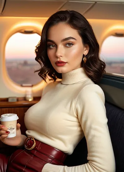(masterpiece, best quality, photorealistic, HDR, ultra-detailed skin, cinematic lighting), 22-year-old Eastern European woman, voluptuous hourglass figure with, (very large full perky breasts:1.2), (ultra-narrow sculpted waist:1.2), (wide round hips and long toned legs:1.2), flawless luminous porcelain-fair skin with a soft natural glow, high sculpted cheekbones with delicate blush, refined petite nose with a graceful bridge, large vivid emerald-green eyes with thick ultra-long upward-curled black lashes, bold natural arched eyebrows, elegant beauty mark just below the left eye, glossy full heart-shaped lips in deep crimson lacquered lipstick, ultra-long straight jet-black hair with silky lustrous sheen cascading over her shoulders, slender feminine fingers with long glossy crimson nails, wearing a fitted cream cashmere turtleneck sweater and tailored high-waist dark navy trousers, matching belt with a small gold buckle, elegant diamond stud earrings, seated comfortably in an ultra-luxury first-class airplane suite with a wide cream leather lie-flat seat, high privacy walls, polished wood veneer panels, gold-accented fixtures, plush carpeting, personal minibar, and a large oval window revealing glowing sunset skies, holding a porcelain cup of coffee in her right hand, looking softly out the window with a thoughtful and serene expression, soft golden light illuminating her face, cinematic depth of field, rich warm tones, <lora:MJ52:1>, <lora:SDXLHighDetail_v6-000005:.8>, <lora:Microwaist_XL_v01:.8>