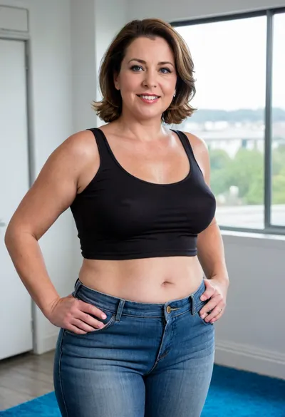 photography of a mature woman, named Lubica, (50 yo, pear shaped body type, obese, chubby, milf), (curvy), arriving at work, (small open space, blue carpet, white wall, wondow with a view on nature), . She has fair skin, straight, dark hair with highlights that falls past her shoulders, (gray strands in hair), and bright blue eyes. Her expression is warm and friendly, with a broad smile revealing her teeth. She is dressed in a black sleeveless blouse made of a smooth, slightly shiny fabric, (braless, hard nipples, medium sized breasts), fupa, huge hips, thick thighs. The black blouse is tight and slightly unbuttoned, giving it a slutty appearance, wearing tight highwaist blue jeans that covers her legs. clothes, braless, Wearing, that, make, sense, with, Braless>, <lora:bralessSDXL_v1_00022:.5>