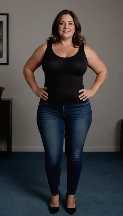 photography of a mature woman, named Lubica, (50 yo, pear shaped body type, obese, chubby, milf), (curvy:1.3), arriving at work, (small open space, blue carpet, white wall, wondow with a view), . She has fair skin, straight, dark hair with highlights that falls past her shoulders, (gray strands in hair), and bright blue eyes. Her expression is warm and friendly, with a broad smile revealing her teeth. She is dressed in a tight black sleeveless blouse made of a smooth, slightly shiny fabric, (braless, hard nipples, sagging large sized breasts), fupa, huge hips, thick thighs. The black blouse is tight and lowcut, giving it a slutty appearance, wearing tight highwaist blue jeans that covers her legs. clothes, braless, Wearing, that, make, sense, with, Braless>, <lora:bralessSDXL_v1_00022:.5>