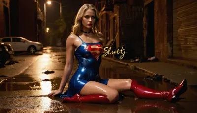 (on legs is handwritten in large letters text "Cheap Whore"), best quality, masterpiece, photo-realistic, ultra high res, fit and muscular, backlight, 18 year old woman, wet blonde hairs, submissive look, rain, ((torned shiny sexy skintight supergirl dress)), dirt and scratches on wet legs, high heels, sitting with legs spread, dark and dirty alley corner, agony, she is addicted to drugs and have a lot of scratches, lots of used condomes on the ground, istopia, drug addicted, cum is floating from the pussy, rim light, drug injection in arm, jizzed, struggling, whore, Transformed Into Obedient Fucktoy, slutty, night, trash on street, dirty, torn clothes, revealing clothes, low color saturation, perfect eyes and lips, (on her body and legs is written "Slut" in large letters), choker, wetshirt, <lora:288407_training_data:2>