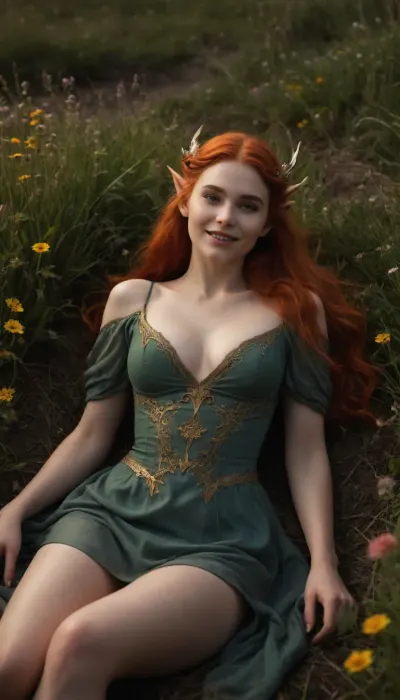 A highly detailed and vivid fantasy work of art in a dystopian yet endearing style, depicting a 21-year-old mischievous elf-like creature in a field of blooming wildflowers and grass, she has long fiery red hair flowing down her body, an hourglass figure with a full bust, narrow waist and wide hips. The semi-sheer tunic barely covers her voluptuous curves. Her sharp claws and pointed elven ears are clearly visible as she lies on the bare ground with a playful fanged grin. Despite the gloomy setting, the scene exudes a whimsical charm, and the soft sunlight filtering through the clouds accentuates its bestial beauty. The art style combines elements of dark fantasy with a cute aesthetic, focusing on her youthful mischief and wild nature., fingering, schlick, masturbation, <lora:284418_training_data:.8>