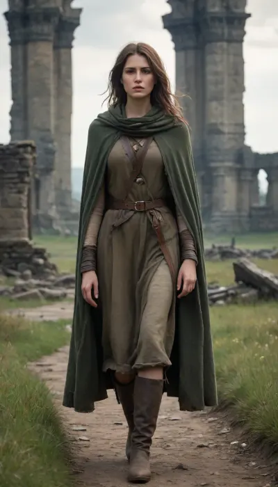 `Post-apocalyptic scene with nature reclaiming medieval ruins, ivy-covered stone castles, collapsed wooden watchtowers, overgrown cobblestone paths, and distant remnants of a shattered city with crumbling cathedrals. A weary woman in ragged, dirt-streaked clothing—patched woolen tunic, frayed cloak with a corroded clasp, scuffed leather boots—walks through a field of wild grass, her garments torn and stained with grime. She carries a dented copper flask, her face smudged with ash, sunlight filtering through haze to highlight the decayed landscape. 8k resolution, hyperrealistic textures, (weathered stone, matted fabric, oxidized metal), cinematic HDR lighting blending muted browns and gray-green tones, anti-aliasing, depth of field focusing on her figure against the ruins, ray-traced mist, lossless PNG format.`