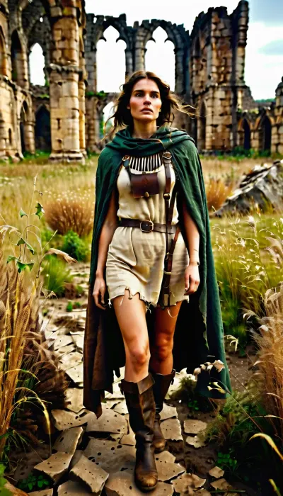 `Post-apocalyptic scene with nature reclaiming medieval ruins, ivy-covered stone castles, collapsed wooden watchtowers, overgrown cobblestone paths, and distant remnants of a shattered city with crumbling cathedrals. A weary woman in ragged, dirt-streaked clothing—patched woolen tunic, frayed cloak with a corroded clasp, scuffed leather boots—walks through a field of wild grass, her garments torn and stained with grime. She carries a dented copper flask, her face smudged with ash, sunlight filtering through haze to highlight the decayed landscape. 8k resolution, hyperrealistic textures, (weathered stone, matted fabric, oxidized metal), cinematic HDR lighting blending muted browns and gray-green tones, anti-aliasing, depth of field focusing on her figure against the ruins, ray-traced mist, lossless PNG format.`