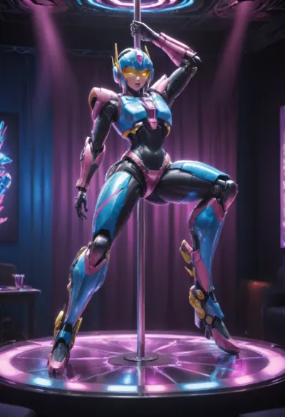 Autobot Arcee from Transformers Prime dancing around a stripper pole in front of Jack