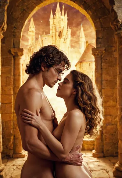 The image shows a naked couple kissing in front of a backdrop resembling an ancient castle. A man with glasses, reminiscent of Harry Potter, and a woman with wavy hair, resembling Hermione, are hugging.