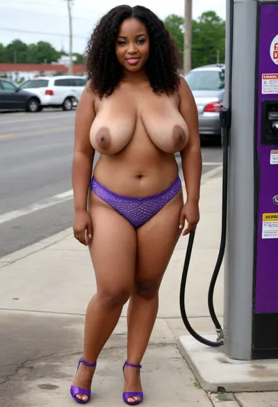 24year old black woman, exact features, exact eyes, exact cheeks, exact lips, ears and earrings, exact glasses, chubby, very curvy a little plump, dark brunette curly hair, realistic face, intricately detailed face, innie belly button, chubby tummy, NAKED At the Gas station pumping Gas, ((Very small sagging breasts)), ((fancy purple heels)), ((Standing at the pump)), ((right angle straight ahead view)), ((Zoom in on navel)), ((Daisy Dukes)), ((Chubby, Plump, Fat, Rolls)), (((NO BRA))), veinyonez, chubbyonez, matureonez, <lora:realboobzXL:.8>, sagging, breasts, <lora:sagging-000015:.8>