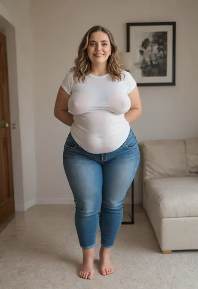 Create an image of a stunning obese ssbbw mature 45-year-old woman with a curvy, well-maintained physique, capturing her full body from head to knees. She embodies grace and beauty, reflecting both confidence and vitality.

Her hair is styled in elegant, long hair, soft waves that cascade down her back, rich and glossy with a natural light brown and subtle highlights for depth. Her face is beautifully sculpted with high cheekbones, a gentle, radiant smile, and smooth, glowing skin. Her expressive, captivating eyes are a deep warm color, framed by well-groomed eyebrows and subtle, tasteful makeup.

Her neck is graceful, transitioning seamlessly into her well-defined, relaxed shoulders. Her bust is full, sagging, saggy, and natural, approximately 36D, with a very saggy appearance that reflects her age and body type, portrayed tastefully to emphasize confidence and natural beauty. Her waist is well-defined, with a smooth, gently curving contour enhancing her hourglass figure. She has huge hips, plump waist, and a FUPA, Her hips are very wide. Her thighs are curvaceous and thick, and she has a slightly larger, well-rounded butt that is prominent and complements her curvy silhouette. Her legs are toned and shapely, athletic appearance, finishing in well-proportioned, graceful feet., (Obese:1.5), hard nipples.

She is dressed in a casual, stylish fitted white T-shirt. T-shirt is a solid white, with soft semi-transparent fabric that clings to her body and highlights her figure. She is wearing tight highwaist blue jeans, She is enjoying a moment of relaxation with a serene and content demeanor. The image should capture her confident stance, natural beauty, and the tranquil moment of savoring her wine, in a living room