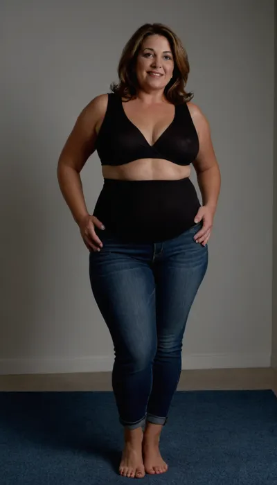 photography of a mature woman, named Lubica, (50 yo, pear shaped body type, obese, chubby, milf:1.3), (curvy:1.3), arriving at work, (small open space, blue carpet, white wall, wondow with a view on nature), . She has fair skin, straight, dark hair with highlights that falls past her shoulders, (gray strands in hair), and bright blue eyes. Her expression is warm and friendly, with a broad smile revealing her teeth. She is dressed in a tight black sleeveless blouse made of a smooth, slightly shiny fabric, (braless, hard nipples, medium sized breasts), big fupa, huge hips, thick thighs. The black blouse is tight and slightly unbuttoned, giving it a slutty appearance, wearing tight highwaist blue jeans that covers her legs. clothes, braless, Wearing, that, make, sense, with, Braless>, <lora:bralessSDXL_v1_00022:.5>
