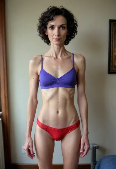 Hyper realistic, ((((skinny)))), sexy, (((slender))), (((fit))), (((naughty))), brunette short curly black hair, small breast, (((mature))), (((50 years old))), Shorts, violet bra, red and blue bruises across hips and on thighs, scratches