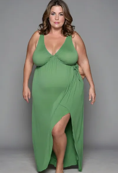 45° sideview, Full body shot, 50 year old woman, looking at viewer, eye contact, layered haircut, green eyes, green thin maxidress, obese, chubby, wide hips, curvy, small floppy breasts, sagging breasts, deflated breasts, tan lines, long hair, light brown hair with highlights, upturned nose, SaggySlimXL, bottomheavy, big, ass, huge, gigantic, thick, thighs, massive, <lora:updated_saggy_slim:1>, <lora:clothed_small:.5>, <lora:bottomheavy_v1_sdxl_tags:.8>