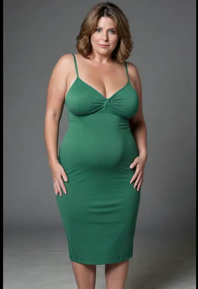 Full body shot, 50 year old woman, layered haircut, green eyes, tight thin v-neck spaghetti strap green dress, fupa, cameltoe, obese, chubby, big hips, wide hips, curvy, small floppy breasts, sagging breasts, deflated breasts, tan lines, light brown hair with highlights, upturned nose, SaggySlimXL, bottomheavy, big, ass, huge, gigantic, thick, thighs, massive, <lora:updated_saggy_slim:1>, <lora:clothed_small:.5>, <lora:bottomheavy_v1_sdxl_tags:.8>