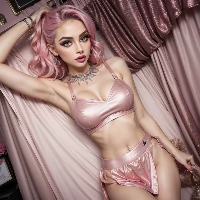 21 yo beauty girl, Pixie face, glam lips, big eyes, glam makeup, colorfull Eyeshadow, Eyeliner, pink metalic crop top, pink metalic skirt, naked pussy, in detailed bedroom
