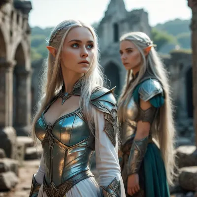 A 21-year-old elf warrior with very long iridescent silver hair, large breasts, a narrow waist and wide hips, very far away you can see elven ruins, against a background of elven ruins, <lora:MJ52:.8>, <lora:add-detail-xl:.8>