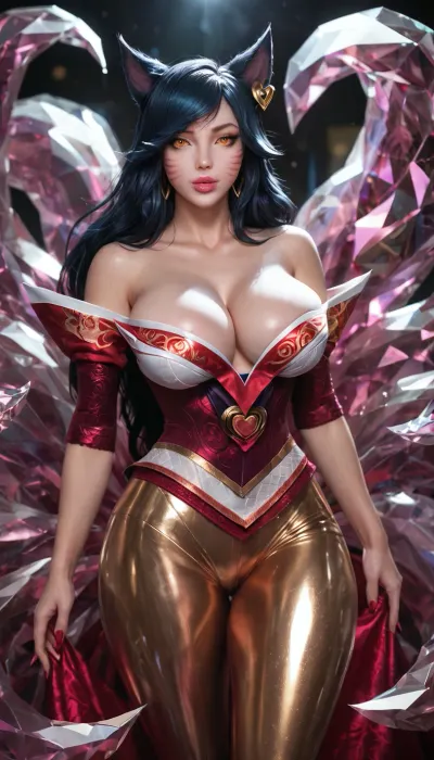 (((((((Ahri from League of Legends))))))), full lips, thick lips, huge chest circumference, tight red metallic high-necked long-sleeved high-rise bodysuit, ultra-high stripper platform stilettos, big hips, big ass, voluptuous, plump, curvy