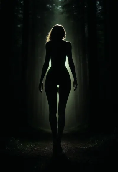 score_9_up, score_8_up, score_7_up, russian mature women, hourglass figure, thigh gap, realistic body proportions, perfect anatomy, good hands with perfect fingers, super detailed skin texture, long legs, in the dark forest, walking into the mysterious green bright light, green light in front of her, clear silhouette against green light, random pose, view from behind, view from below shoes, very dark focused flash photo of found footage, <lora:sdxl_darkflash_v6-000060:.8>, <lora:dark:.8>