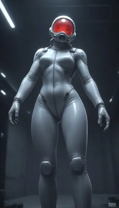 A female astronaut floating in zero gravity inside a high-tech, dimly lit space station corridor, viewed from behind at a diagonal low angle, her body gently rotating in the weightless environment, her slim figure outlined by the soft blue and red ambient lighting from various control panels and status screens, wearing a partially unzipped futuristic space suit made from glossy, form-fitting material with semi-rigid segments around her arms and legs, the upper part of her suit open and drifting slightly due to motion, revealing a tight inner undersuit clinging to her torso and hips, the undersuit designed with sleek thermal panels and iridescent textures, its cut accentuating the curves of her thighs, hips, and glutes, the material stretched taut across her rear as she floats with legs slightly bent and parted, one foot drifting near a wall while the rest of her body arches slightly as if caught mid-motion, her helmet detached and floating nearby, dark short hair fanning out around her head, small tools and data pads suspended around her, a holographic interface projected in front of her showing oxygen levels and external diagnostics, her posture naturally twisting as she reaches forward toward the interface, causing her spine and hip alignment to curve suggestively, subtle reflections from illuminated surfaces highlight her body’s shape through the thin, glossy material, realistic texturing on the suit with tiny wear marks and seams, interior design of the space station detailed with emergency markings, pipes, and blinking consoles, atmospheric particles and tiny debris drifting in the air, high-contrast cinematic lighting with cool-toned shadows and glowing edges, sci-fi art style resembling high-resolution promotional key art for a space exploration RPG or cinematic sci-fi film, extreme realism in rendering of material physics, body shape, environmental effects, the entire scene composed to subtly focus on the astronaut's lower body and back