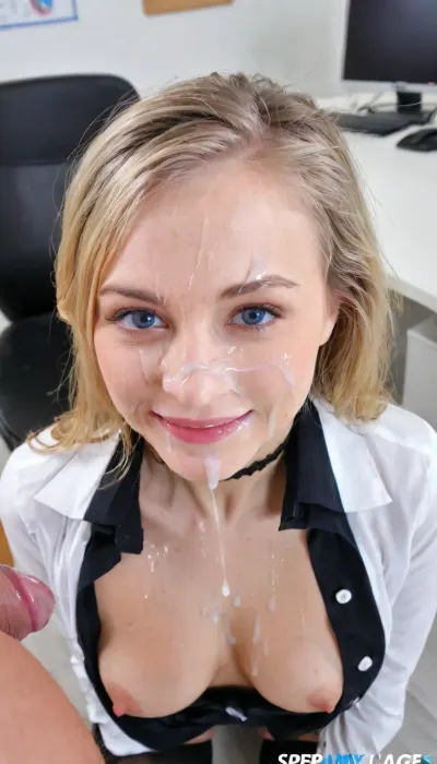 1Girl stay in office, unbuttoned shirt, black skirt, black stockings, cute, medium hair, blonde, blue eyes, smile, (sperm on face), sharp focus on face, UHD, 4k, ultra quality, ultra quality eyes, woman, <lora:JustCum:1.5>