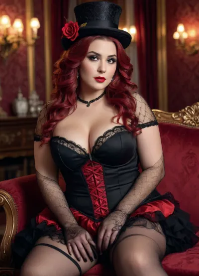 (masterpiece), (best quality), (ultra-detailed), 1 plus size woman, sitting pose, coquettish gaze, small black mini top hat with red rose decoration, long red wavy hair, soft and smooth hairstyle, delicate makeup, sheer black lace gloves with red frills, sexy black lace outfit with red accents, fishnet stockings, crossed legs, indoor setting, soft lighting, highly detailed clothing and accessories, elegant and seductive style