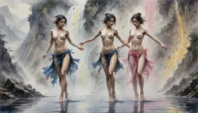 Dungeons&Dragons style, two gorgeous lascious women dancing a hot waterdance in a large open pound, bare chested, nude, Yoji Shinkawa, Luis Royo, fog waterfall background, dark blue and yellow and light pink palette, Ink, ink lines crosshatching, <lora:InkWashpainting:.8>